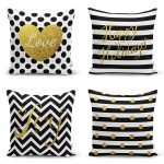 - Rh-K4luSet706 - Realhomes 4'lü Siyah Beyaz Altın Varaklı Motifler Dijital Baskılı Yastık Kırlent Kılıf Seti Realhomes