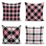 - Rh-K4luSet713 - Realhomes 4'lü Pembe ve Siyah Ekose Motifli Dekoratif Yastık Kırlent Kılıf Seti Realhomes