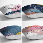 - Rh-K4luSet718-1 - Realhomes 4'lü Renkli Bohem Yaprak Çizimli Özel Tasarım Modern Yastık Kırlent Kılıfı Seti Realhomes