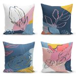 - Rh-K4luSet718 - Realhomes 4'lü Renkli Bohem Yaprak Çizimli Özel Tasarım Modern Yastık Kırlent Kılıfı Seti Realhomes