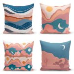 - Rh-K4luSet724 - Realhomes  4'lü Dağ ve Ay Tasarımlı Dijital Baskılı Dekoratif Yastık Kırlent Kılıfı Seti Realhomes