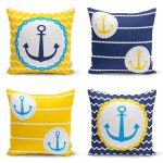 4'lü Sarı Lacivert Çapa Motifli Özel Tasarım Modern Yastık Kırlent Kılıfı Seti Realhomes