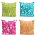 - Rh-K4luSet727 - Realhomes 4'lü Rengarenk Zeminde Beyaz Çiçek Motifli Dekoratif Yastık Kırlent Kılıfı Seti Realhomes