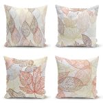 4'lü Renkli Zemin Üzerinde Yaprak Desenli Modern Yastık Kırlent Kılıf Seti Realhomes