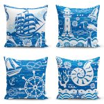 4'lü Renkli Zemin Üzerinde Gemici Desenli Modern Yastık Kırlent Kılıf Seti Realhomes