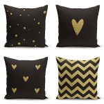 - Rh-K4luset359 - Realhomes 4'lü Siyah Zemin Üzerinde Gold Detaylı Geometrik Desenli Modern Yastık Kırlent Kılıf Seti Realhomes