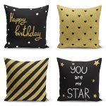 - Rh-K4luset360 - Realhomes 4'lü Siyah Zemin Üzerinde Gold Detaylı Modern Yastık Kırlent Kılıf Seti Realhomes