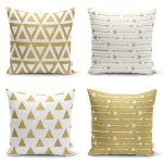 - Rh-K4luset361 - Realhomes 4'lü Renkli Zemin Üzerinde Gold Detaylı Geometrik Desenli Modern Yastık Kırlent Kılıf Seti Realhomes