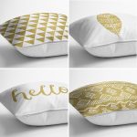 - Rh-K4luset362-1 - Realhomes 4'lü Renkli Zemin Üzerinde Gold Detaylı Geometrik Desenli Modern Yastık Kırlent Kılıf Seti Realhomes