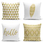 - Rh-K4luset362 - Realhomes 4'lü Renkli Zemin Üzerinde Gold Detaylı Geometrik Desenli Modern Yastık Kırlent Kılıf Seti Realhomes