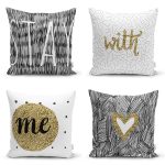 - Rh-K4luset364 - Realhomes 4'lü Renkli Zemin Üzerinde Gold Detaylı Yazılı Modern Yastık Kırlent Kılıf Seti Realhomes