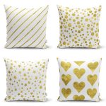 4'lü Beyaz Zemin Üzerinde Gold Detaylı  Modern Yastık Kırlent Kılıf Seti Realhomes