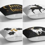 4'lü Siyah Zemin Üzerinde Gold Detaylı Yılbaşo Desenli Modern Yastık Kırlent Kılıf Seti Realhomes