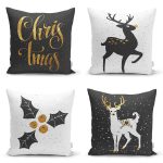 4'lü Siyah Zemin Üzerinde Gold Detaylı Yılbaşo Desenli Modern Yastık Kırlent Kılıf Seti Realhomes