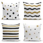 - Rh-K4luset368 - Realhomes 4'lü Beyaz Zemin Üzerinde Gold Detaylı Geometrik Desenli Modern Yastık Kırlent Kılıf Seti Realhomes