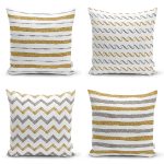 4'lü Beyaz Zemin Üzerinde Gold Detaylı Geometrik Desenli Modern Yastık Kırlent Kılıf Seti Realhomes