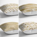 - Rh-K4luset370-1 - Realhomes 4'lü Beyaz Zemin Üzerinde Gold Detaylı Geometrik Desenli Modern Yastık Kırlent Kılıf Seti Realhomes