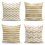 - Rh-K4luset370 - Realhomes 4'lü Beyaz Zemin Üzerinde Gold Detaylı Geometrik Desenli Modern Yastık Kırlent Kılıf Seti Realhomes