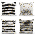 - Rh-K4luset371 - Realhomes 4'lü Beyaz Zemin Üzerinde Gold Detaylı Yaprak Desenli Modern Yastık Kırlent Kılıf Seti Realhomes