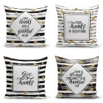 4'lü Beyaz Zemin Üzerinde Gold Detaylı Siyah Çizgili Modern Yastık Kırlent Kılıf Seti Realhomes