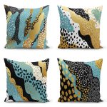 - Rh-K4luset373 - Realhomes 4'lü Renkli Zemin Üzerinde Gold Detaylı Soyut Çizimli Modern Yastık Kırlent Kılıf Seti Realhomes