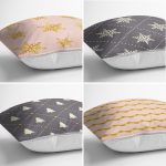 4'lü Renkli Zemin Üzerinde Gold Detaylı Yılbaşı Desenli Modern Yastık Kırlent Kılıf Seti Realhomes