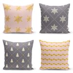 4'lü Renkli Zemin Üzerinde Gold Detaylı Yılbaşı Desenli Modern Yastık Kırlent Kılıf Seti Realhomes