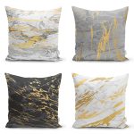 - Rh-K4luset378 - Realhomes  4'lü Renkli Zemin Üzerinde Gold Detaylı Soyut Çizimli Modern Yastık Kırlent Kılıf Seti Realhomes