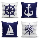 - Rh-K4luset380 - Realhomes  4'lü Renkli Zemin Üzerinde Denizci Desenli Modern Yastık Kırlent Kılıf Seti Realhomes