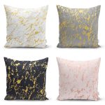 - Rh-K4luset381 - Realhomes 4'lü Renkli Zemin Üzerinde Gold Detaylı Mermer Desenli Modern Yastık Kırlent Kılıf Seti Realhomes