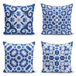 - Rh-K4luset383 - Realhomes 4'lü Beyaz Zemin Üzerinde Renkli Geometrik Desenli Modern Yastık Kırlent Kılıf Seti Realhomes