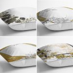 - Rh-K4luset384-1 - Realhomes 4'lü Beyaz Zemin Üzerinde Gold Detaylı Yaprak Desenli Modern Yastık Kırlent Kılıf Seti Realhomes