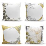- Rh-K4luset384 - Realhomes 4'lü Beyaz Zemin Üzerinde Gold Detaylı Yaprak Desenli Modern Yastık Kırlent Kılıf Seti Realhomes