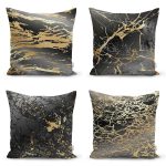 - Rh-K4luset386 - Realhomes  4'lü Renkli Zemin Üzerinde Gold Detaylı Mermer Desenli Modern Yastık Kırlent Kılıf Seti Realhomes