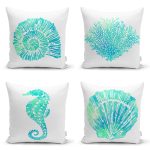 4'lü Beyaz Zemin Üzerinde Renkli Deniz Kabuğu Desenli Modern Yastık Kırlent Kılıf Seti Realhomes