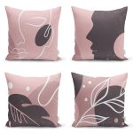 - Rh-K4luset388 - Realhomes  4'lü Renkli Zemin Üzerinde Onedraw Çizimli Modern Yastık Kırlent Kılıf Seti Realhomes