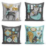 - Rh-K4luset390 - Realhomes 4'lü Renkli Zemin Üzerinde Yılbaşı Desenli Modern Yastık Kırlent Kılıf Seti Realhomes