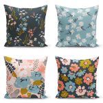 4'lü Rengarenk Zemin Üzerinde Çiçek Desenli Modern Yastık Kırlent Kılıf Seti Realhomes