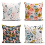 4'lü Rengarenk Zemin Üzerinde Çiçek Desenli Modern Yastık Kırlent Kılıf Seti Realhomes