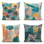 - Rh-K4luset396 - Realhomes 4'lü Renkli Zemin Üzerinde Onedraw Çizimli Modern Yastık Kırlent Kılıf Seti Realhomes