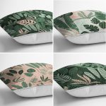 - Rh-K4luset397-1 - Realhomes  4'lü Renkli Zemin Üzerinde Yaprak Desenli Modern Yastık Kırlent Kılıf Seti Realhomes