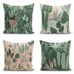 - Rh-K4luset397 - Realhomes  4'lü Renkli Zemin Üzerinde Yaprak Desenli Modern Yastık Kırlent Kılıf Seti Realhomes