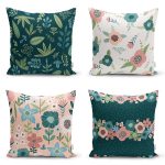 - Rh-K4luset400 - Realhomes 4'lü Rengarenk Zemin Üzerinde Çiçek Desenli Modern Yastık Kırlent Kılıf Seti Realhomes