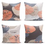 4'lü Renkli Zemin Üzerinde Onedraw Çizimli Bayan Silüeti Modern Yastık Kırlent Kılıf Seti Realhomes