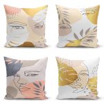 - Rh-K4luset403 - Realhomes 4'lü Renkli Zemin Üzerinde Onedraw Çizimli Bayan Silüeti Modern Yastık Kırlent Kılıf Seti Realhomes