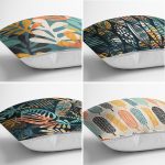 - Rh-K4luset404-1 - Realhomes  4'lü Renkli Zemin Üzerinde Yaprak Desenli Modern Yastık Kırlent Kılıf Seti Realhomes