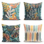 - Rh-K4luset404 - Realhomes  4'lü Renkli Zemin Üzerinde Yaprak Desenli Modern Yastık Kırlent Kılıf Seti Realhomes