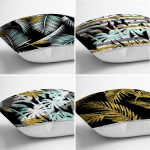 - Rh-K4luset405-1 - Realhomes 4'lü Renkli Zemin Üzerinde Gold Detaylı Yaprak Desenli Modern Yastık Kırlent Kılıf Seti Realhomes