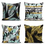 - Rh-K4luset405 - Realhomes 4'lü Renkli Zemin Üzerinde Gold Detaylı Yaprak Desenli Modern Yastık Kırlent Kılıf Seti Realhomes