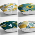 - Rh-K4luset406-1 - Realhomes 4'lü Renkli Zemin Üzerinde Yaprak Desenli Modern Yastık Kırlent Kılıf Seti Realhomes